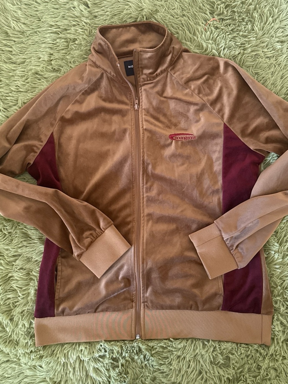 noon goons vista velvet brown sporty tracktop with maroon side panels